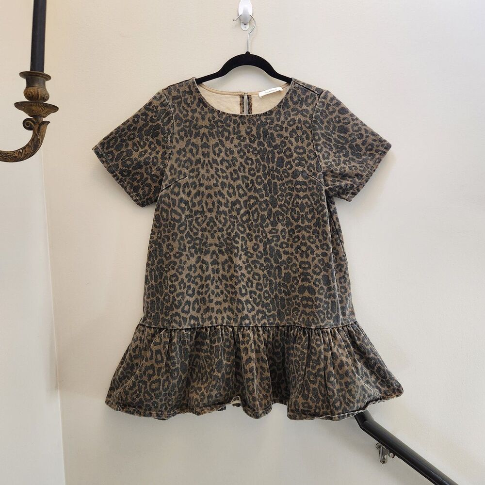 Idem Ditto Brown Denim Leopard Print Dress Ruffled Hem Boho Cute Preppy Sz M
